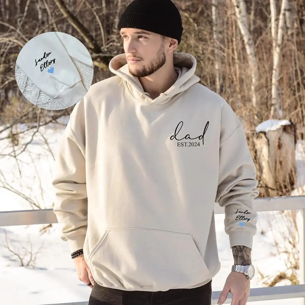 Custom Dad with Kids Names and Heart on Sleeve Hoodie, Dad Est Sweatshirt, Funny Gifts for Dad, Father's Day Gift for Husband, Dad To Be
