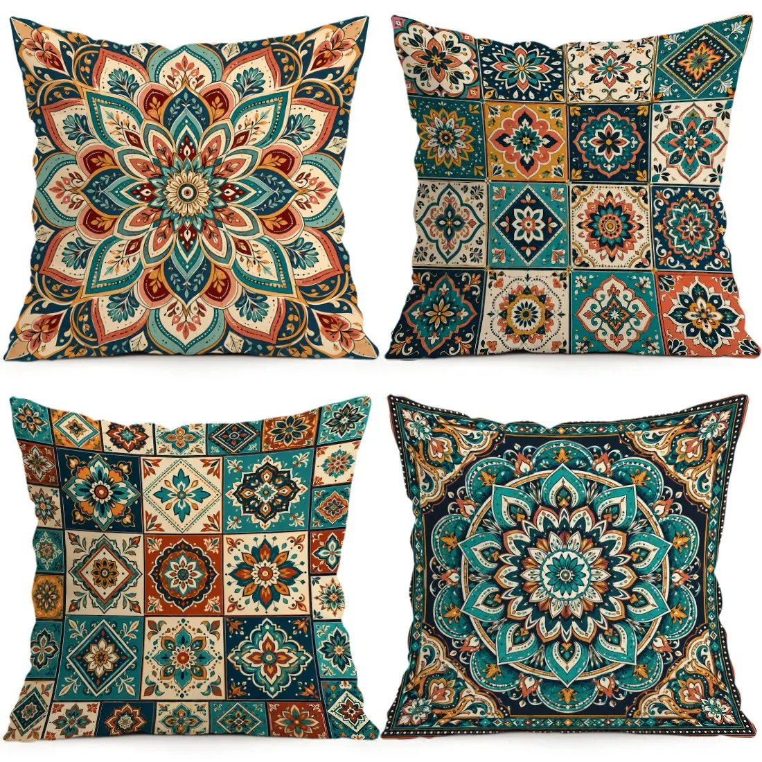 4pcs Ethnic Geometric Mandala Floral Cushion Covers, Single-Sided Print, Home Decor for Living Room Bedroom, All Seasons, No Insert Included