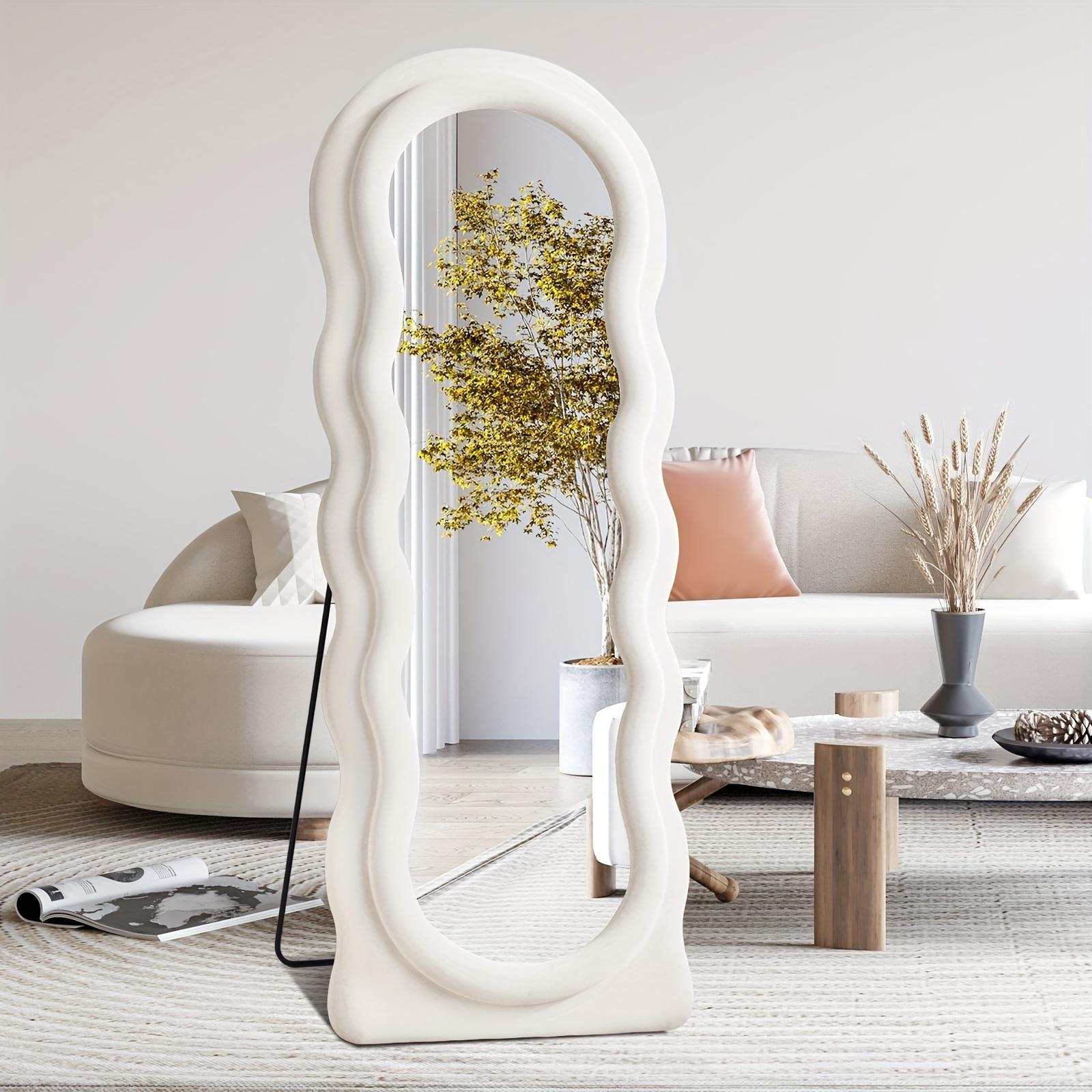63 "X24" Irregular Wavy Full-Length Mirror Wall Mounted Floor Mirror with Vertical Ivory Flannel Frame Inclined Hanging Wall Mirror for Bedroom