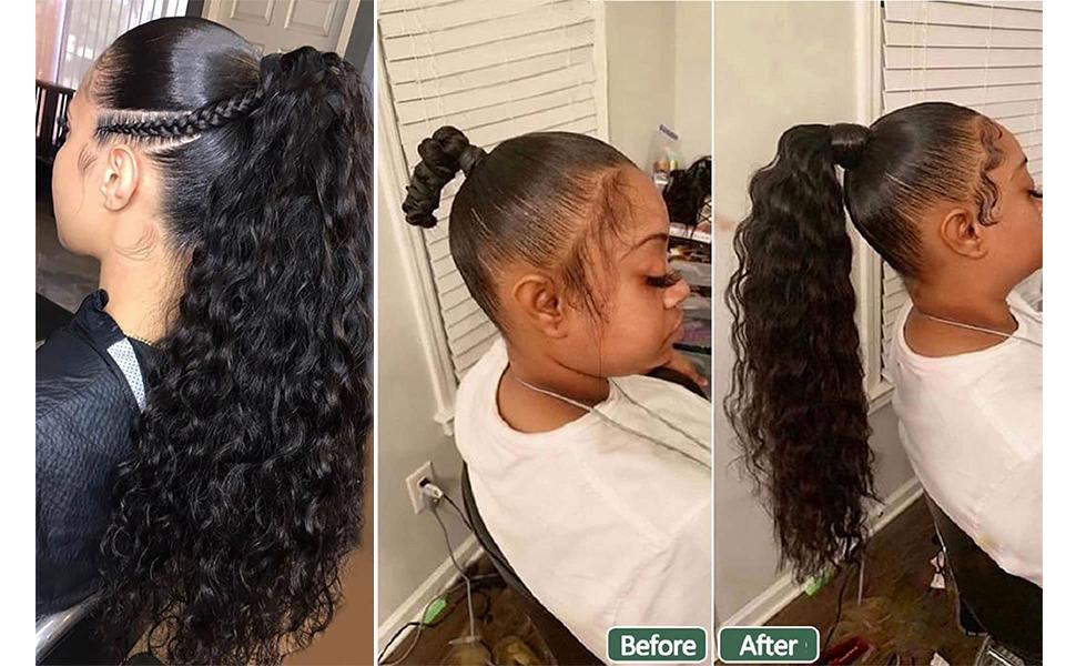 100% Human Hair Drawstring Ponytail Extension Water Wave in  display picture 2