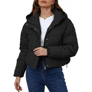 Wyeysyt Women's Cropped Puffer Jacket Hooded Zip Up Quilted Short Padded Coat Lightweight Winter Warm Outwear