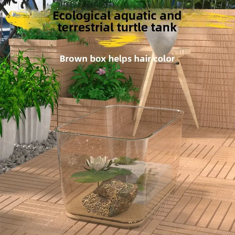 Turtle tank with climbing platform, ecological landscaping, plastic with cover, anti-escape turtle tank, ecological turtle tank