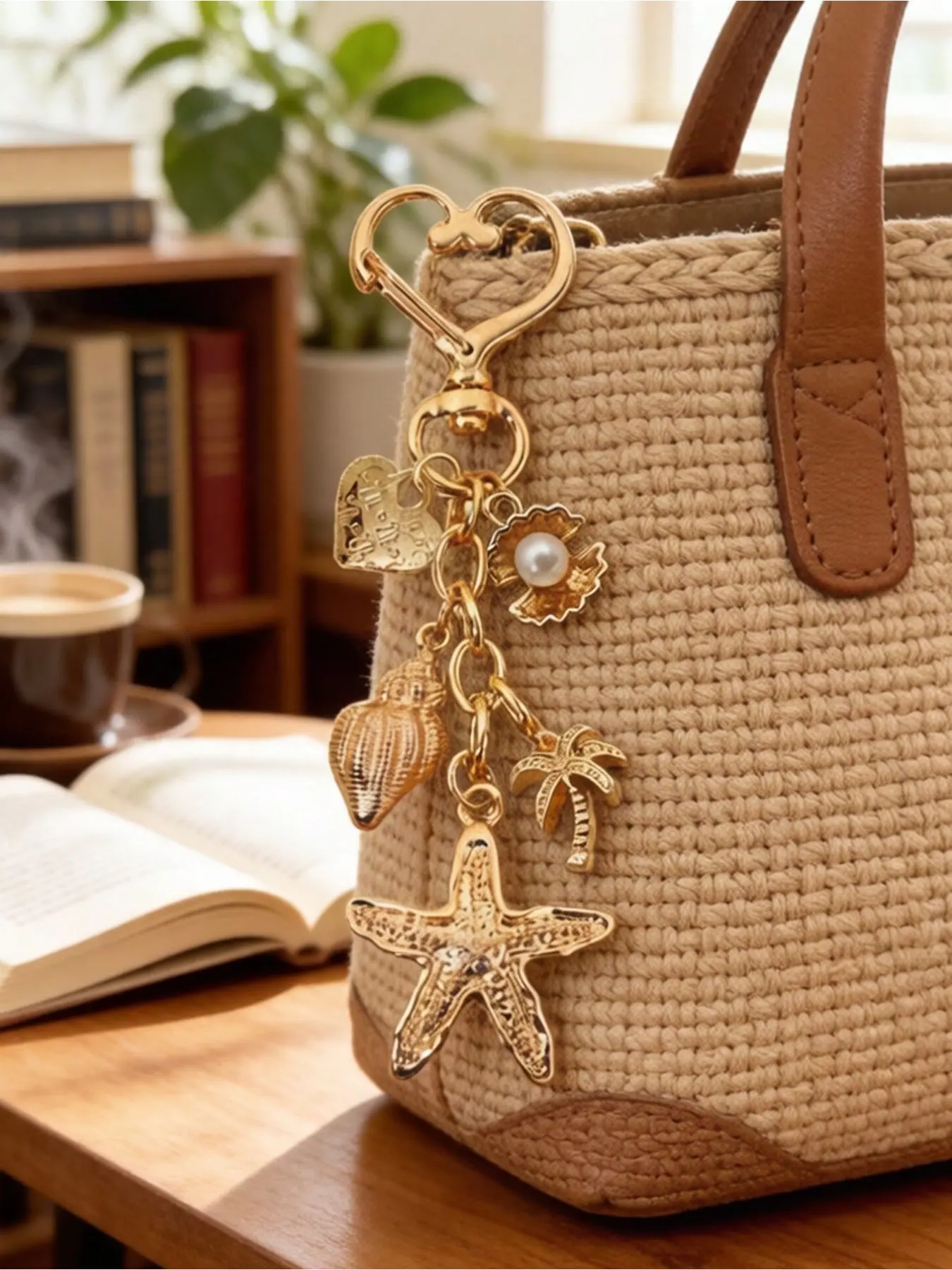 Golden Beach Theme Keychain, Starfish, Shell, Palm Tree, Pearl Pendant, Heart Loop, Tropical Summer Women's Bag Accessory, Girly Keychain, Sparkling Rhinestones