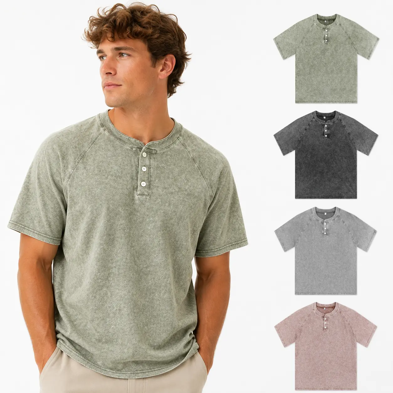 230GSM Heavyweight 100% Cotton Vintage Washed Henley T Shirt for Men, Relaxed Fit Short Sleeve Raglan Tee, Oversized Casual Streetwear Top, Soft Breathable Cotton Comfort, 3 Button Neck, Outdoor Casual, Vacation Look, Classic Menswear, Roomy Fit