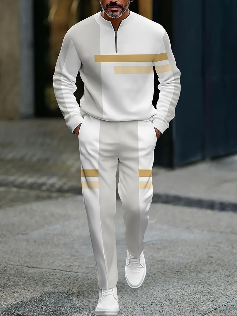 The new men's color-blocked sports suit, featuring a white half-zip sweater paired with matching trousers, is adorned with black and yellow stripes, exuding a trendy vibe. The fabric is comfortable and skin-friendly, suitable for daily commuting and casua