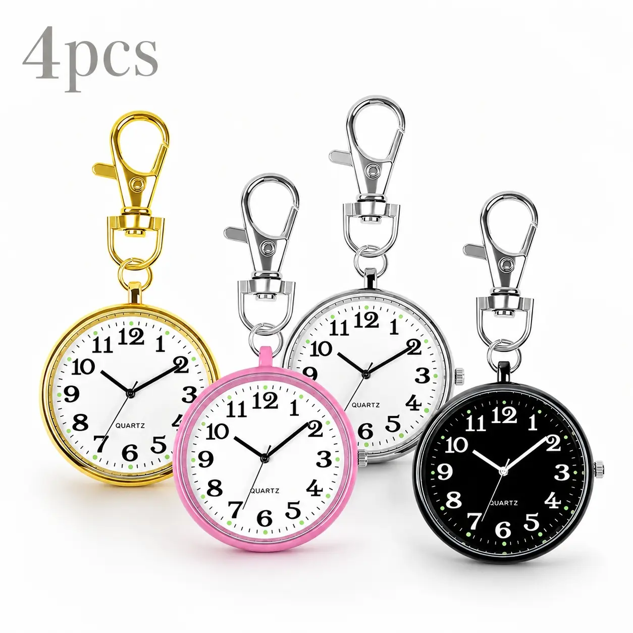 4pcs Stainless Steel Portable Quartz Clip-on Hanging Pocket Watch, Clear Large Number Dial Easy To Read Fob Watch with Lobster Clasp for Men Women Nurses Doctors Students, Perfect Birthday Gifts Christmas Gifts
