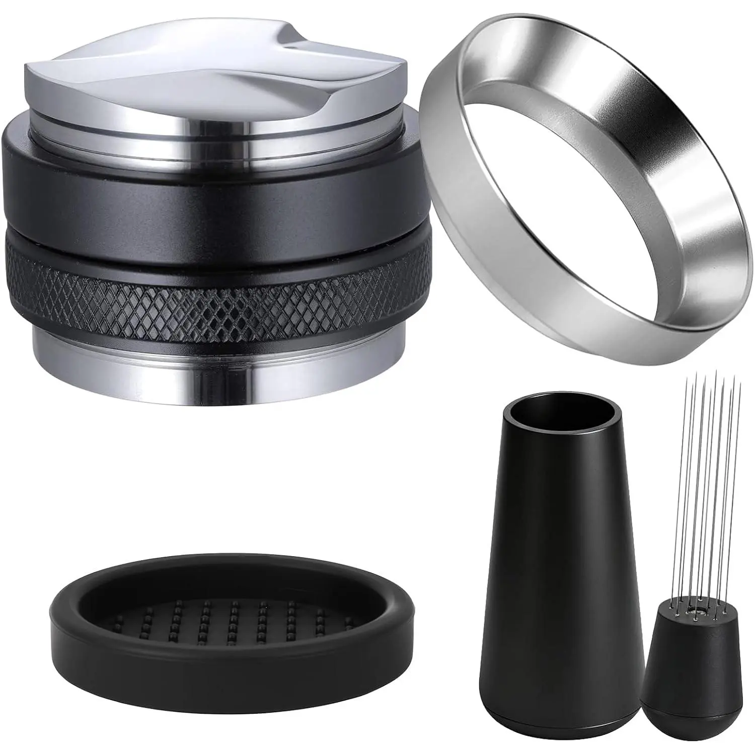 51mm Espresso Accessories Kit - 4- Stainless Steel Durable Distributor, Tamper, Funnel &  pad Set - Fits Delonghi 51mm Portafilter
