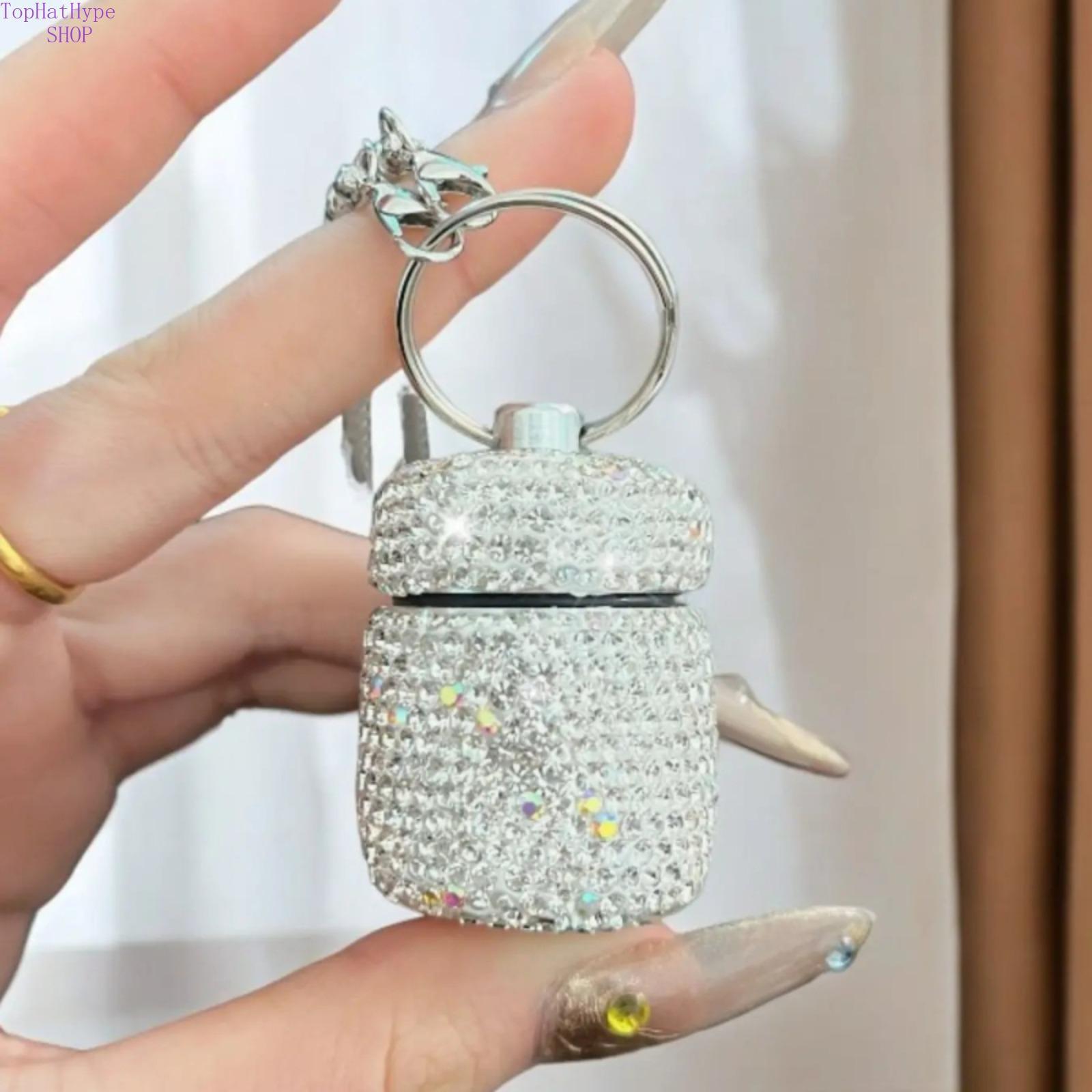 Bling Rhinestone 10ml Portable Pill Bottle, Mini Cute Aluminum Alloy Storage Container with Keychain, Sparkly Waterproof Travel Size Jar for Pills & Small Items