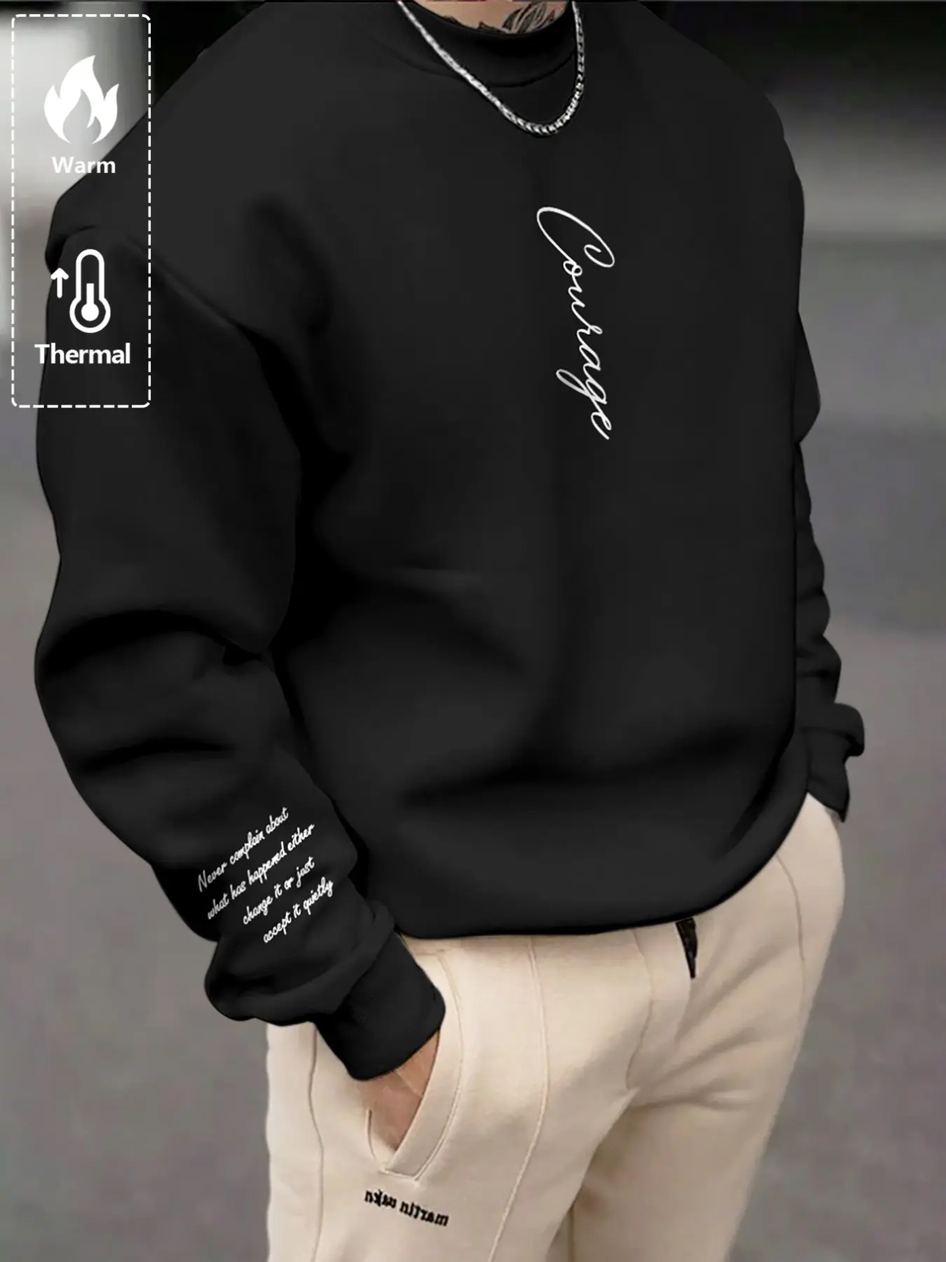 Men's Loose Warm Sweatshirt, Calligraphy Pattern Round Neck Long Sleeve, Thick Streetwear Casual Top, Fall & Winter Fashion