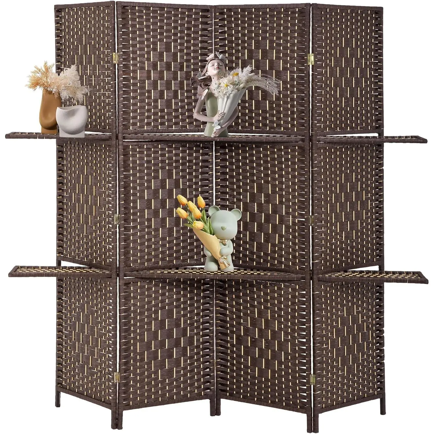 Room Divider 4 Panel Room Screen Divider Wooden Screen Folding Portable Partition Screens Wood with Removable Storage Shelves Color Brown