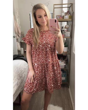 FMEYOA Womens Ruffles Boho Floral Printed Babydoll Loose Swing Casual Short Mini T-Shirt Dress