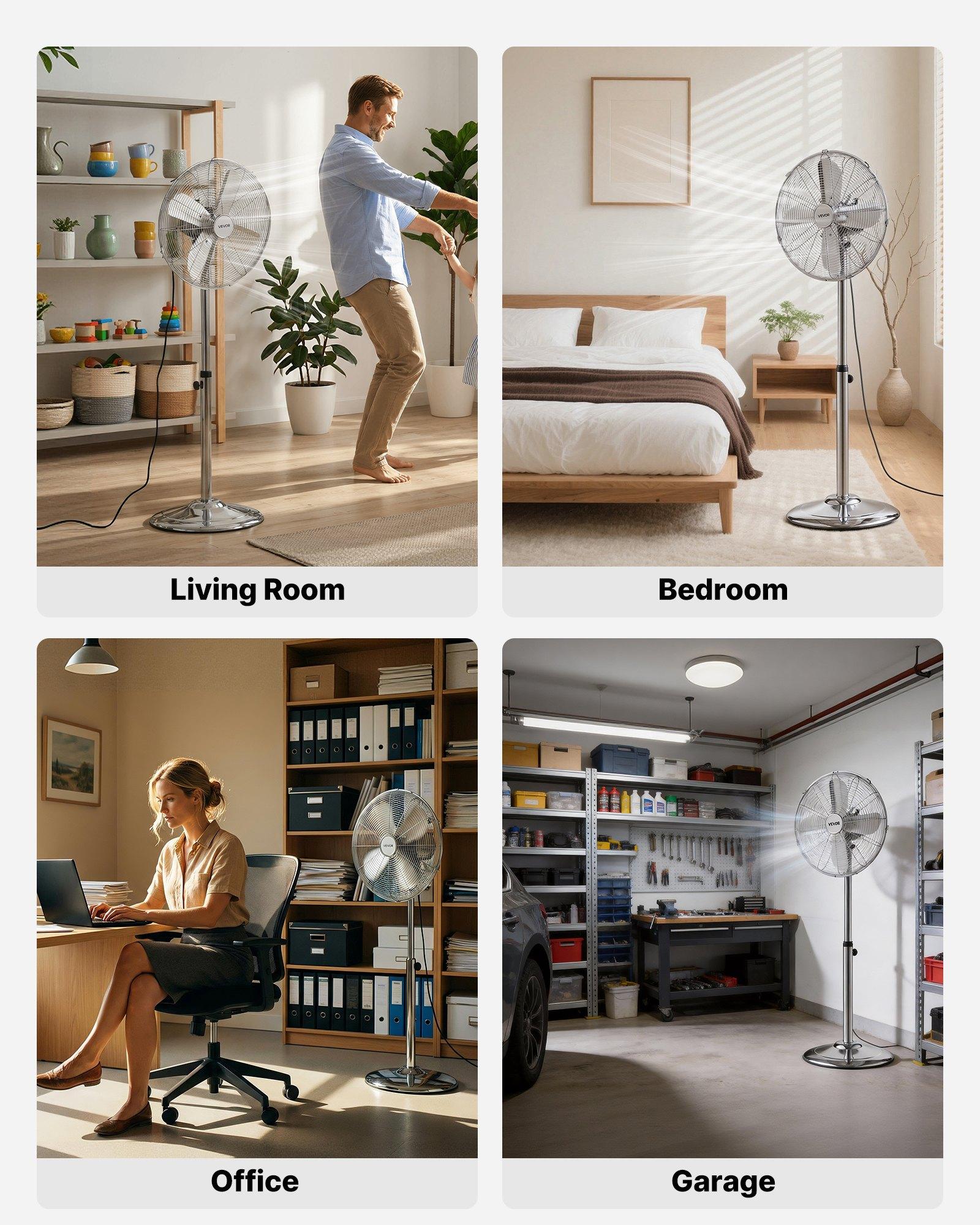 VEVOR 16-Inch High Velocity Pedestal Fan, 1450 CFM Industrial Standing Floor Fan with Handle, 75 °   Oscillating, 3-Speed Adjustable Height, Metal Made for Commercial, Garage, Workshop, Home, Silver