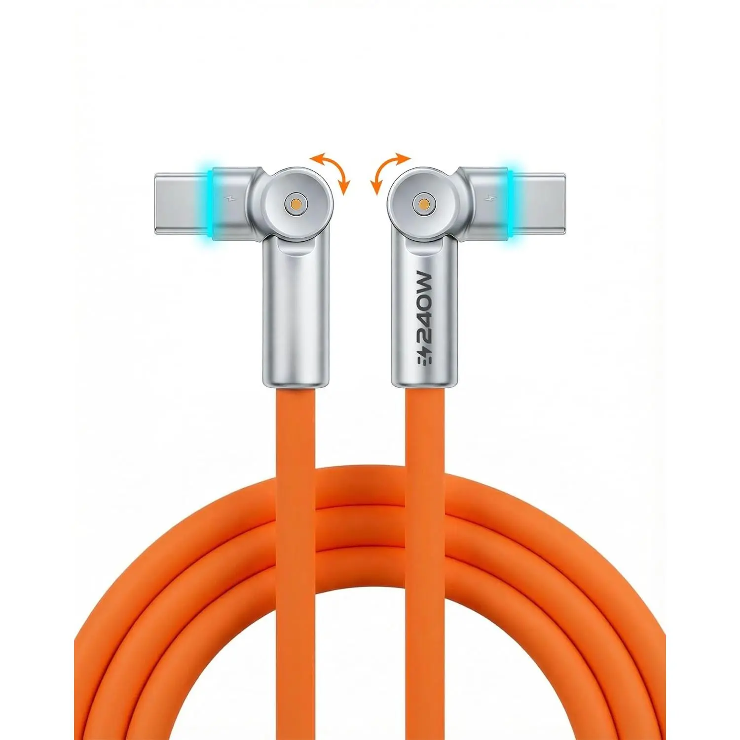 RotateX 240W  180° Rotating    with LED Light Soft  USB C  Extra Thick Durable Charger Cord, Orange, 3.3ft