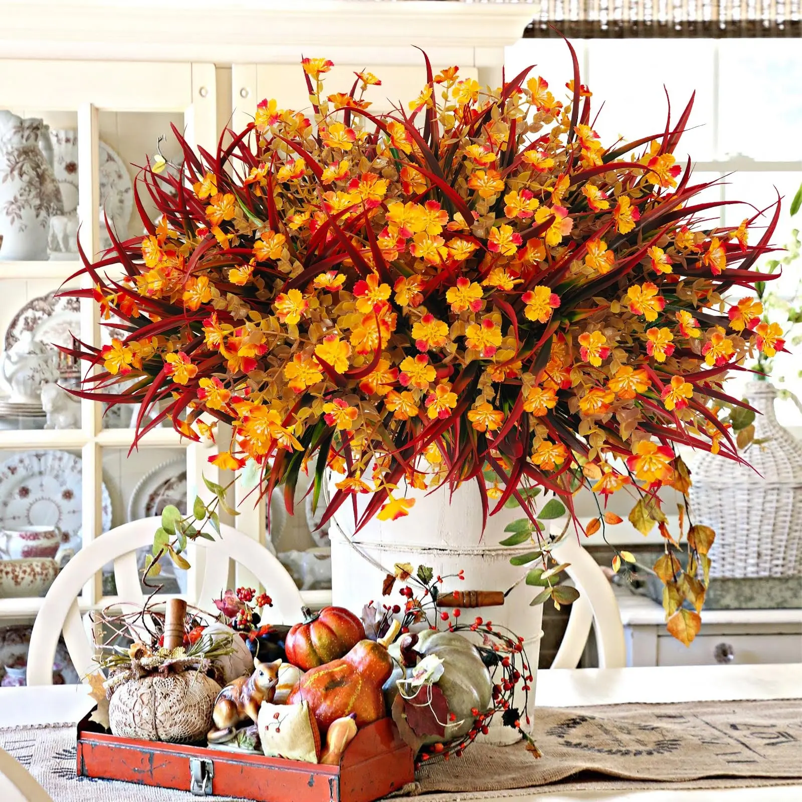 18 Bundles 6 Styles Artificial Fall Flowers, UV Resistant Fake Mums Silk Daisy, Faux Plastic Boston Ferns for Garden Porch Patio Decor
