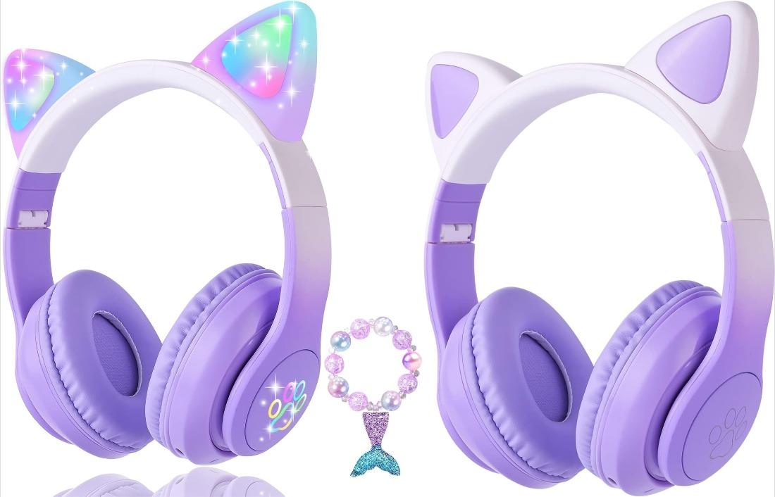 MELLOW MORNINGS P-HPS013   Cat Ear Kids Headphones Bluetooth, LED Light up Wireless/Wired Mode Over Ear Headphones with Build in Microphone for School/Travel (Purple)
