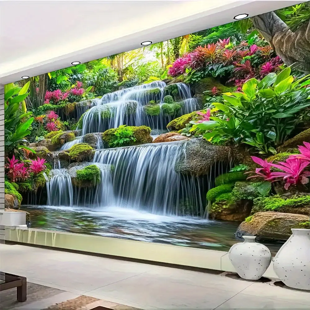 Tropical Waterfall Jungle Photo Backdrop Wall Mural - Lightweight Polyester Banner with Green Foliage, Nature Decor for Wedding, Home Event; Giftable Tapestry with Storage Bag