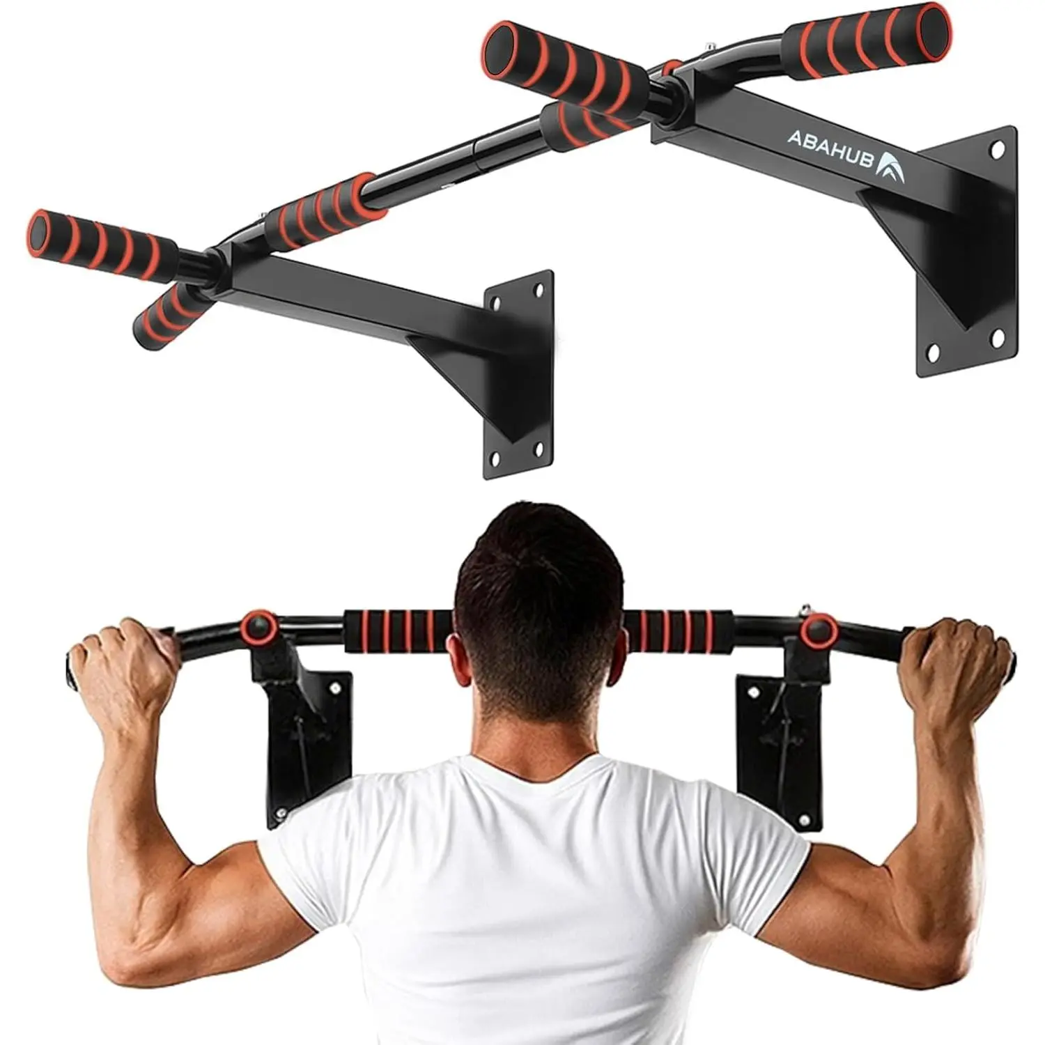 Abahub Wall Mounted Pull Up Bar, Multi-Grip Chin-Up Bar for Home Gym Workout, Drill-installed, Heavy-Duty & Stable Training Bar with 440lbs Capacity, Black-Orange