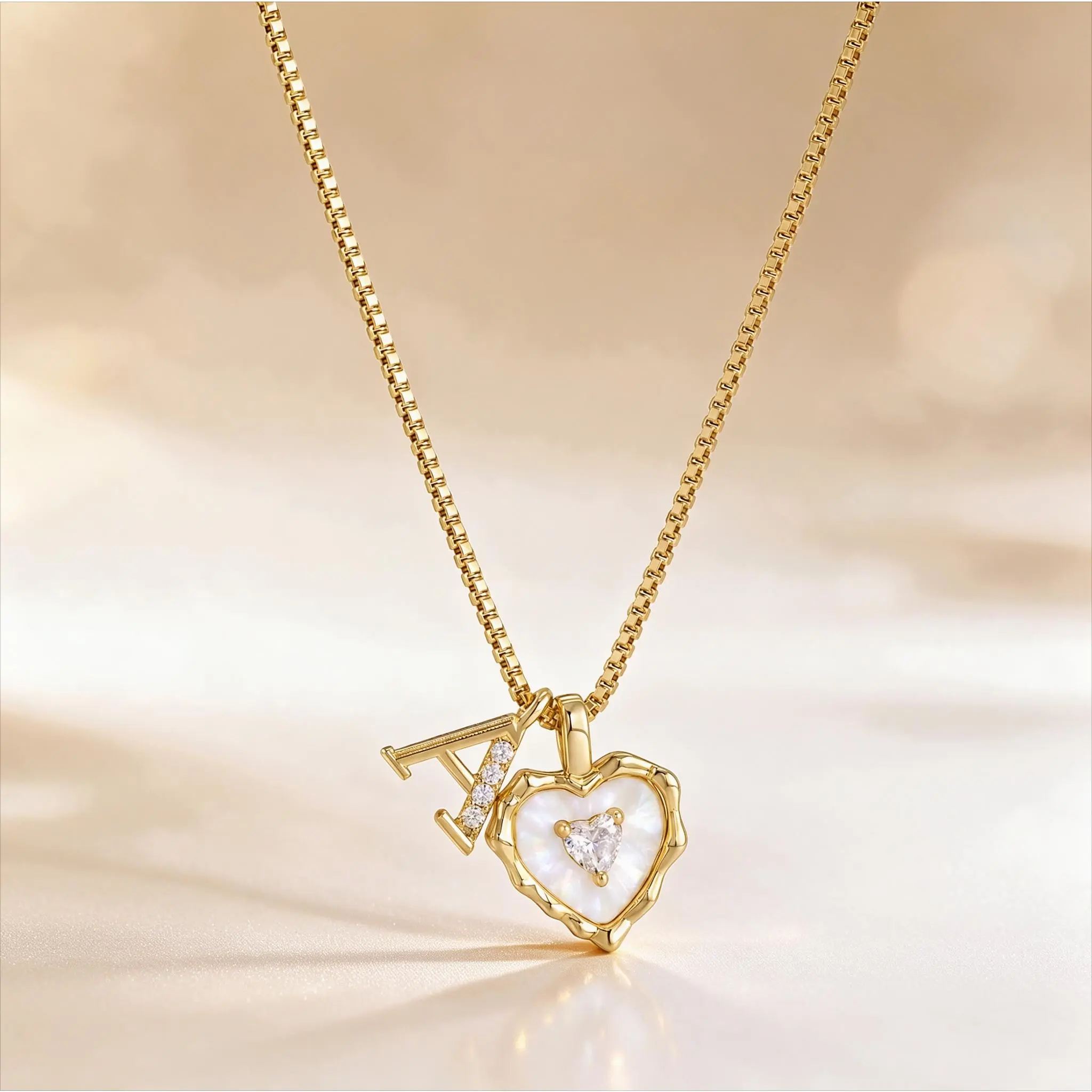 Dainty Gold Box Chain Necklace, Scalloped Shell Heart CZ A-Z Initial Pendant, Micro Pave Letter Charm, Elegant Personalized Jewelry for Women & Teens, Perfect Valentine’s Day & Back To School Gift