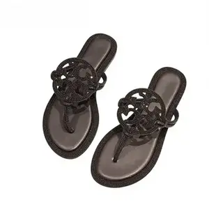 Women's Rhinestone Embellished Flat Flip Flops - Black