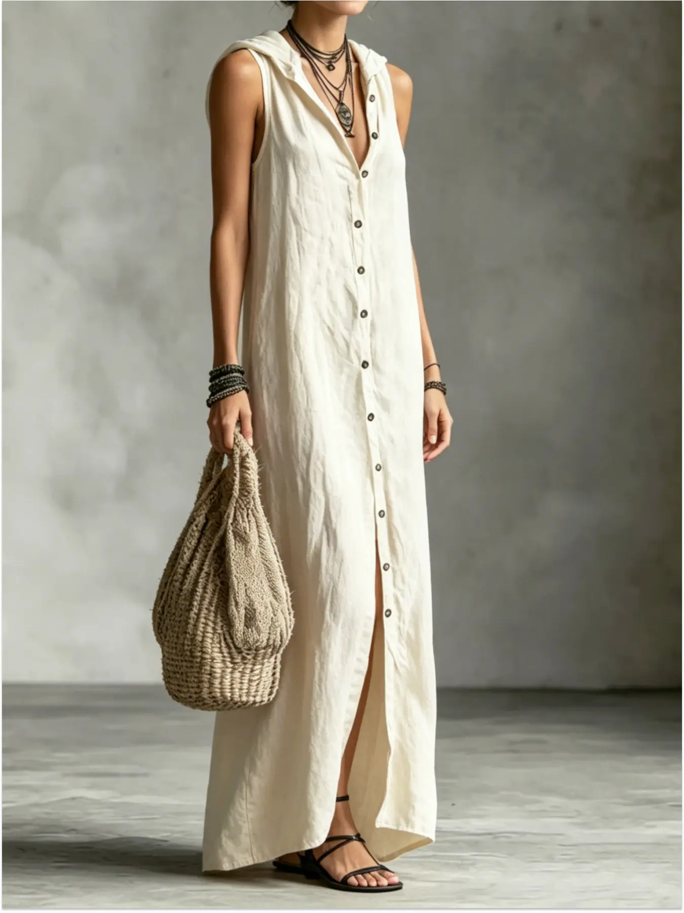 A ladies' elegant style hooded sleeveless long dress with a full open front and single row decorative buckle hanging loose, suitable for summer, beach camping, shopping, afternoon tea dates, urban daily commuting