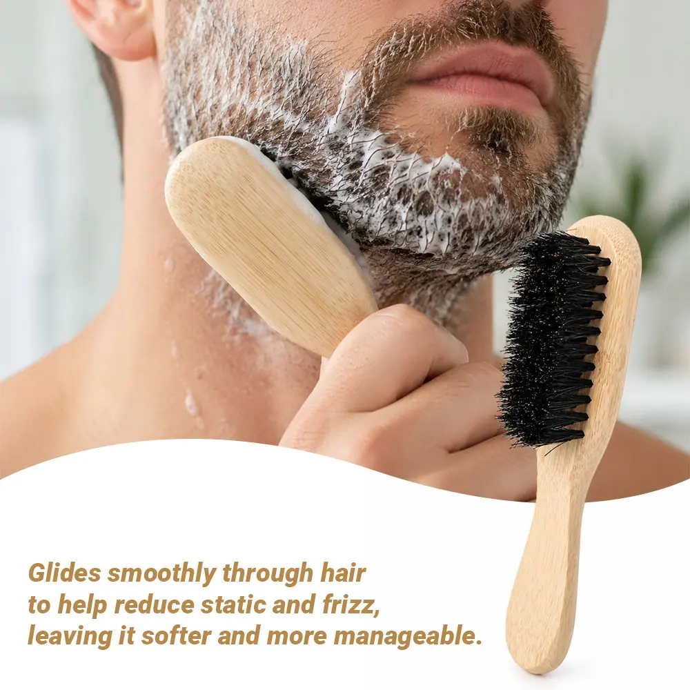 Bamboo Boar Bristle Sliding Back Comb, Men's Beard Styling Comb, Cleaning Brush for Neck Stubble, Multifunctional Hair Brush, Salon Tool