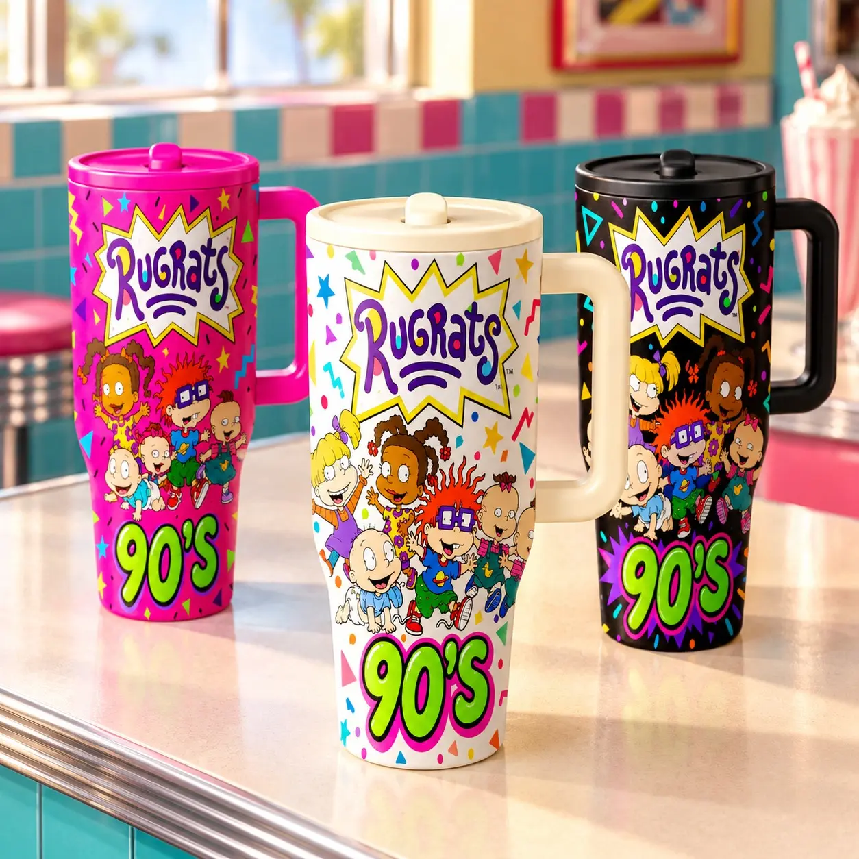 Rugrats 90s 40oz Tumbler, Leakproof Lid, Retro Cartoon Design, Double Wall Vacuum Insulated, 12h Hot 24h Cold, Travel Mug for Office, Car, Camping