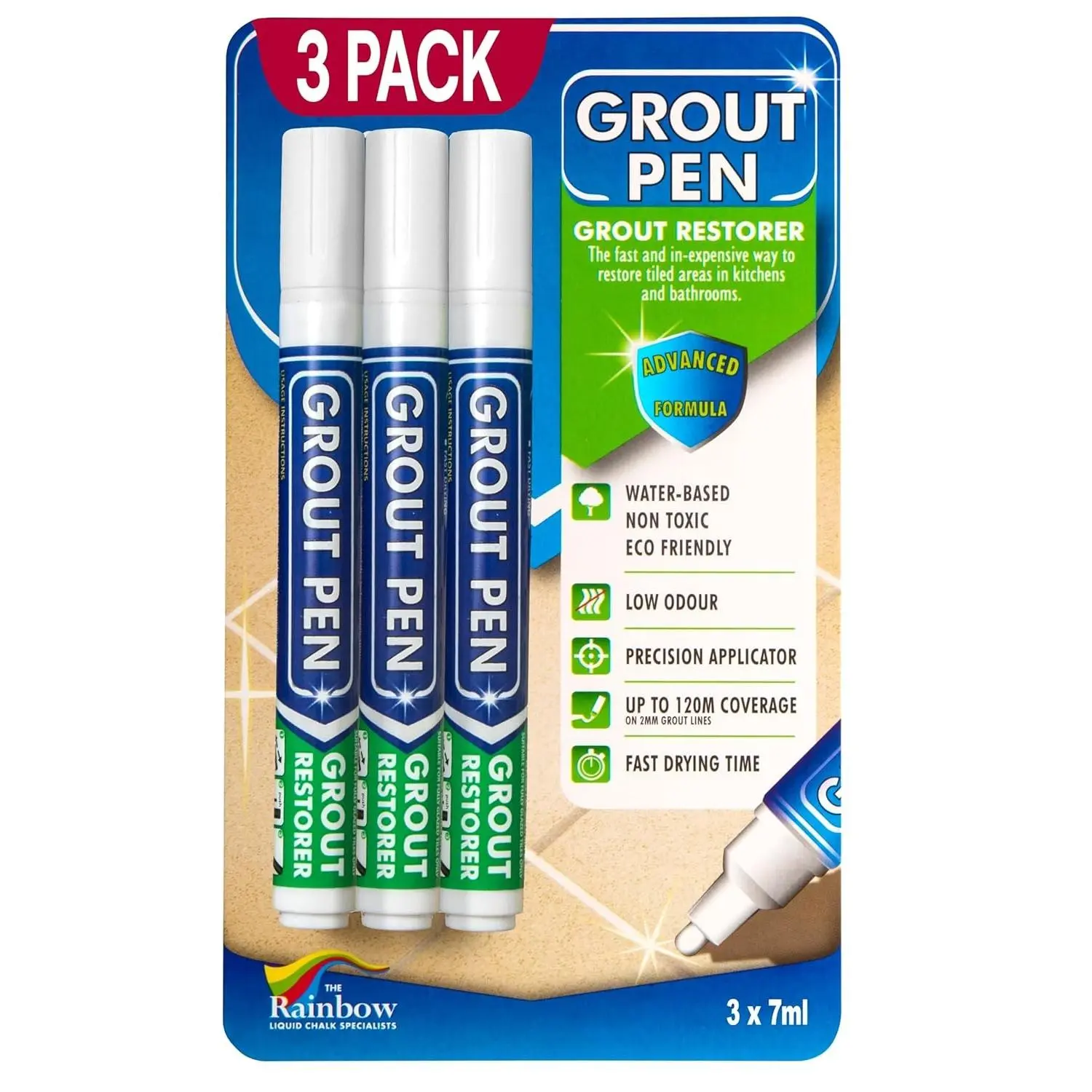 White Tile Grout Paint: Waterproof Grout Paint Pen, Whitener and Grout Sealer Marker for Cleaner Looking Grout Lines - White, Narrow 5mm Tip (7mL) - 3 Pack