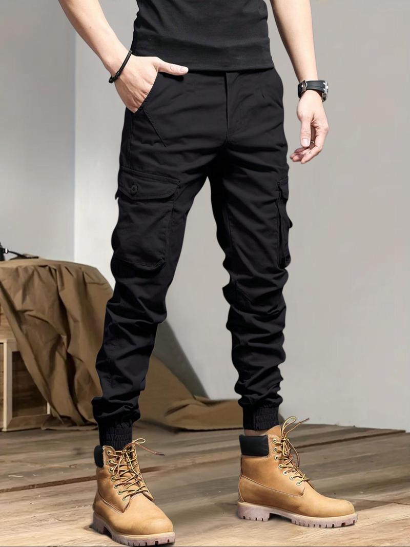 Men's Solid Drawstring Cargo Pants, Loose Casual Slant Pocket Elastic Waist Trousers for Outdoor Wear, Men's Streetwear Bottoms for All Seasons