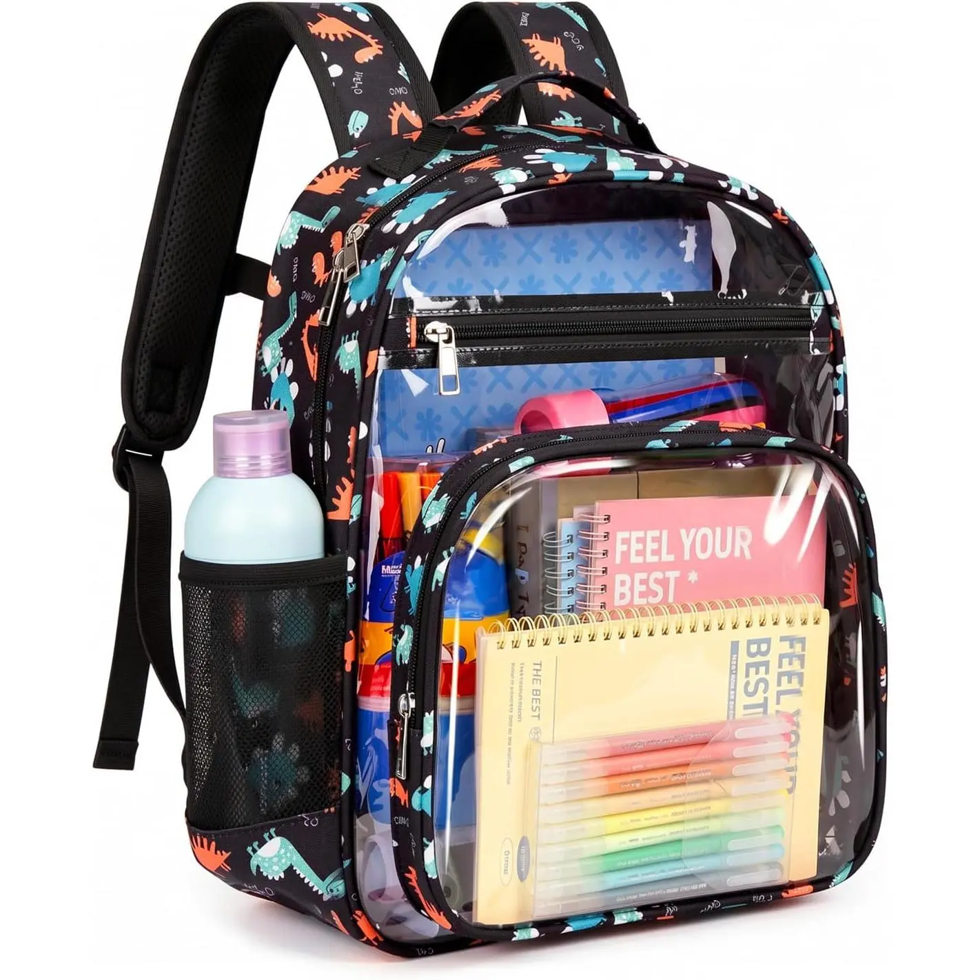 Clear Backpack for Girls -  Clear Bookbag - Fabric & PVC Transparent Backpacks for Elementary School, Black Dinosaur