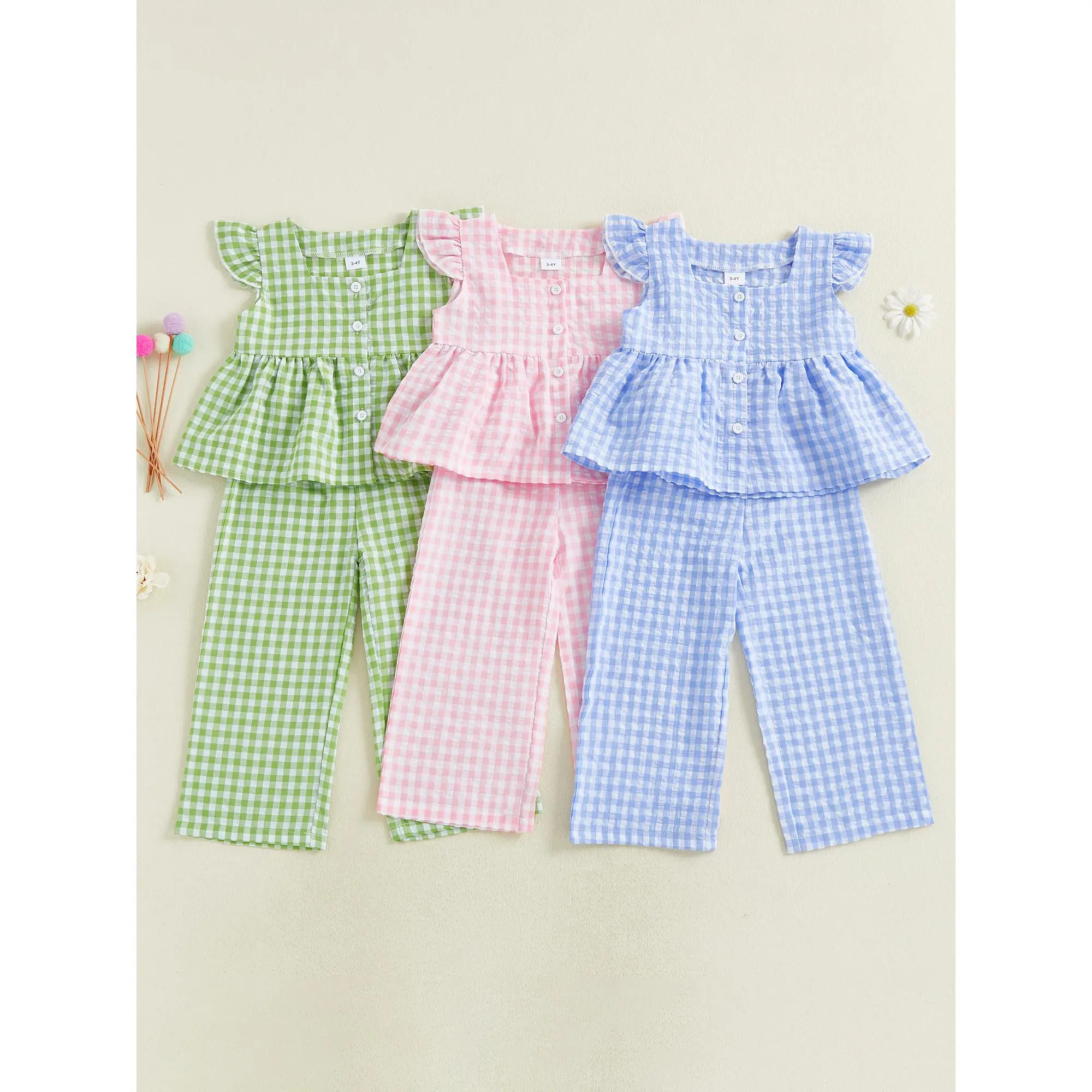 Little Girls 2PCS Pants Sets Flying Sleeve Button Up A-line Plaid Tops Pants Summer Outfits
