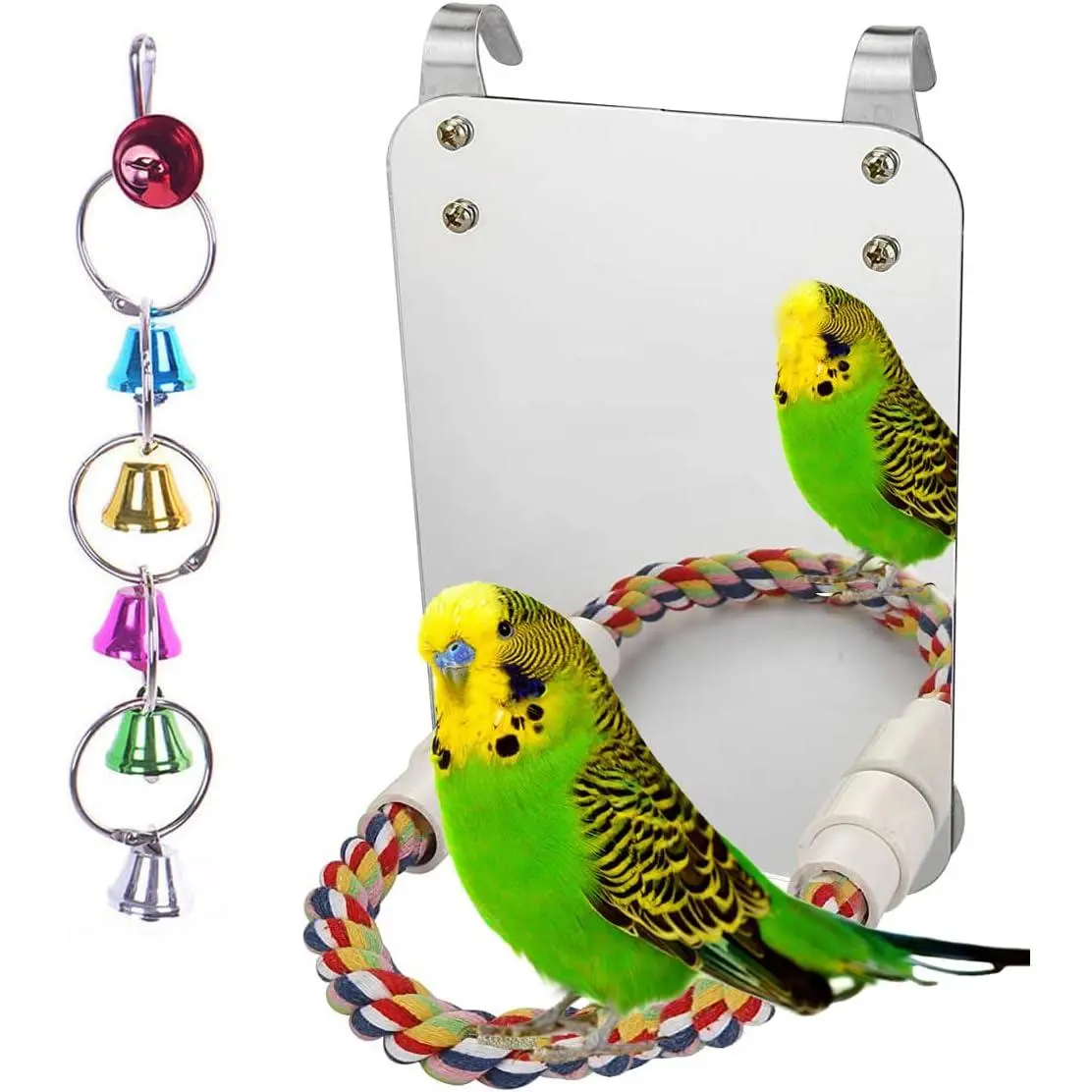 7 Inch Bird Mirror with Rope Perch Swing, Bird Cage Toy & Perch for Parakeets, Cockatiels, Conures, Lovebirds, Finches, Canaries & African Greys