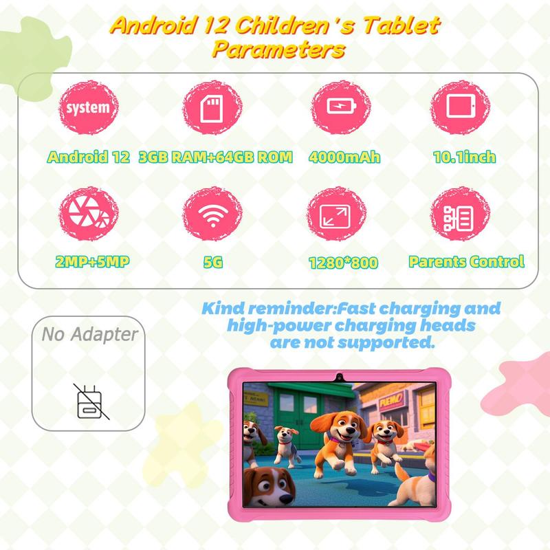 10.1 Inch Tablet, Android Tablet with Parental Control Function, Educational & Entertainment Tablet with Silicone Case, Ideal Gift Choice
