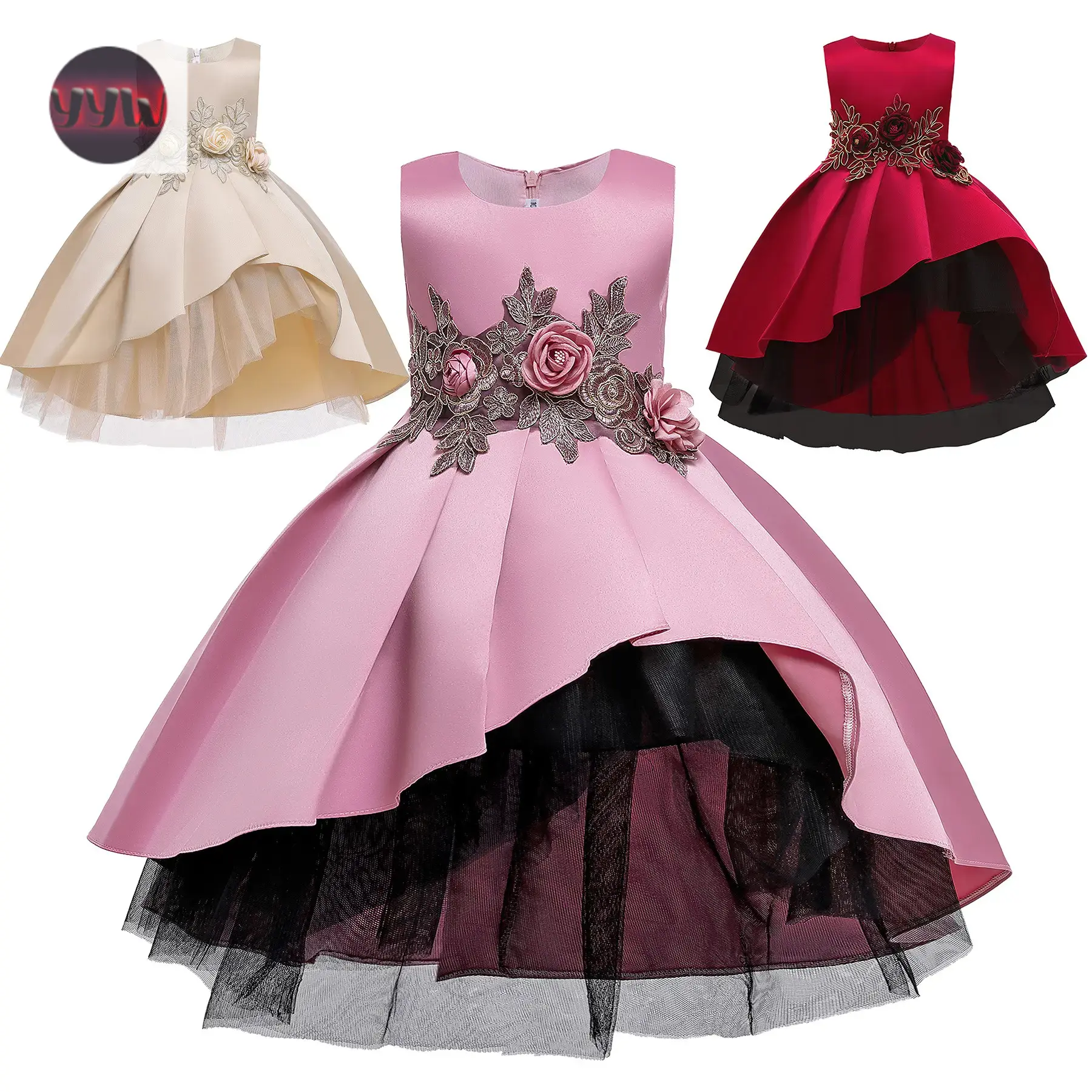 YYW1 Kid Girls Princess Dress Solid Color Embroidery Sleeveless Round Neck Dress Princess One Piece Party Dress ZT-1670 Tutu Formal girlclothes