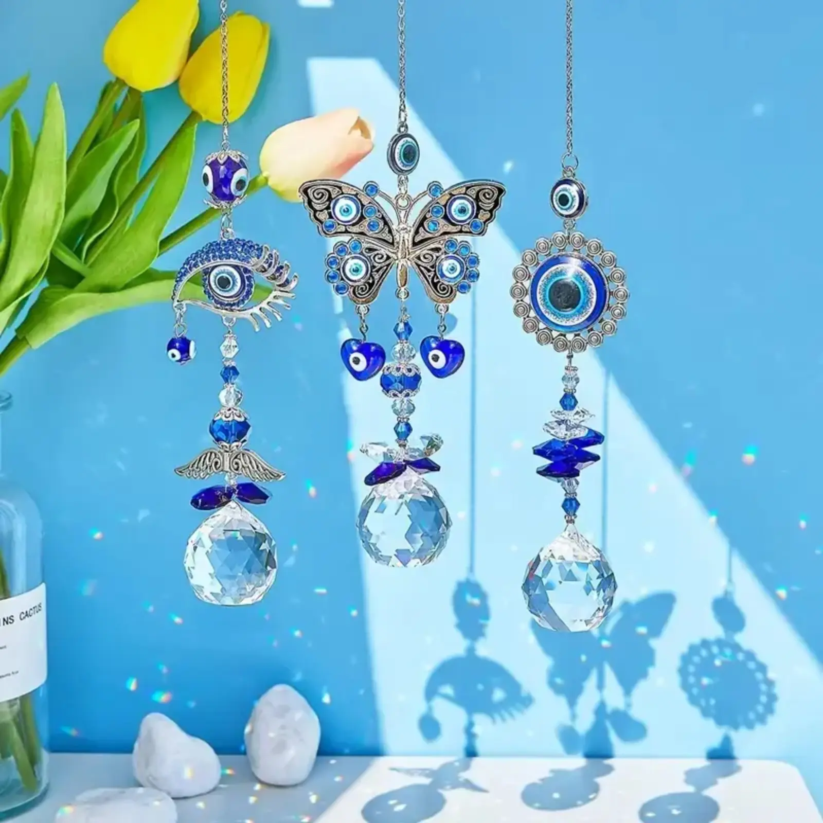 Turkish Evil Eye Crystal Suncatcher Hanging Ornament, Blue Nazar Eye Rainbow Prism Sun Catcher Pendant, Window Garden Car Hanging Wind Chime Decor