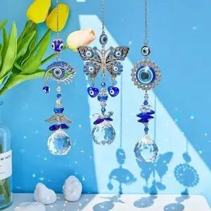 Turkish Evil Eye Crystal Suncatcher Hanging Ornament, Blue Nazar Eye Rainbow Prism Sun Catcher Pendant, Window Garden Car Hanging Wind Chime Decor