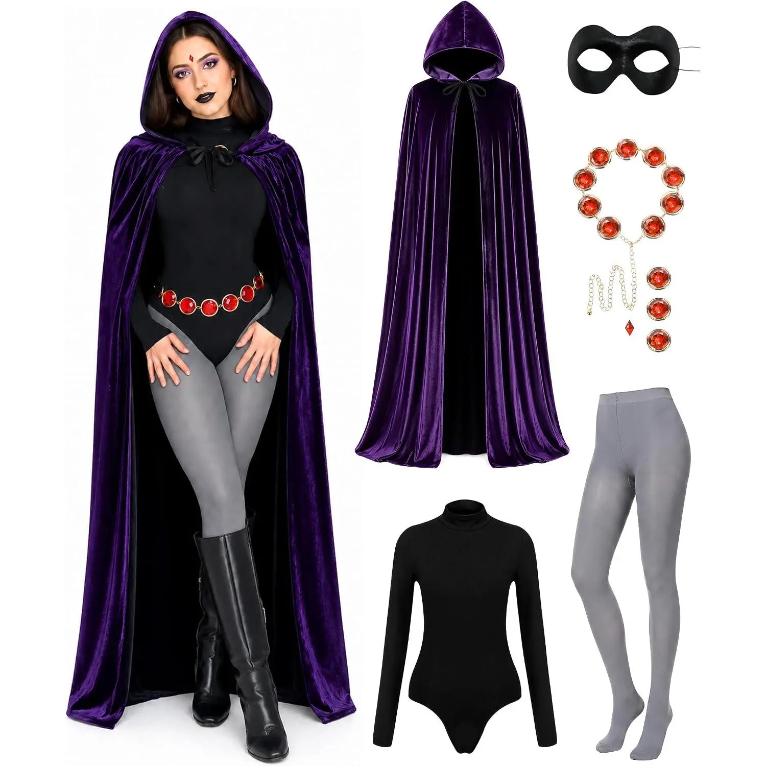 Raven Costume for Women, 6 Pcs Raven Cosplay Costume Set with Purple Hooded Cloak Bodysuit Gray Tights Halloween Party Outfit