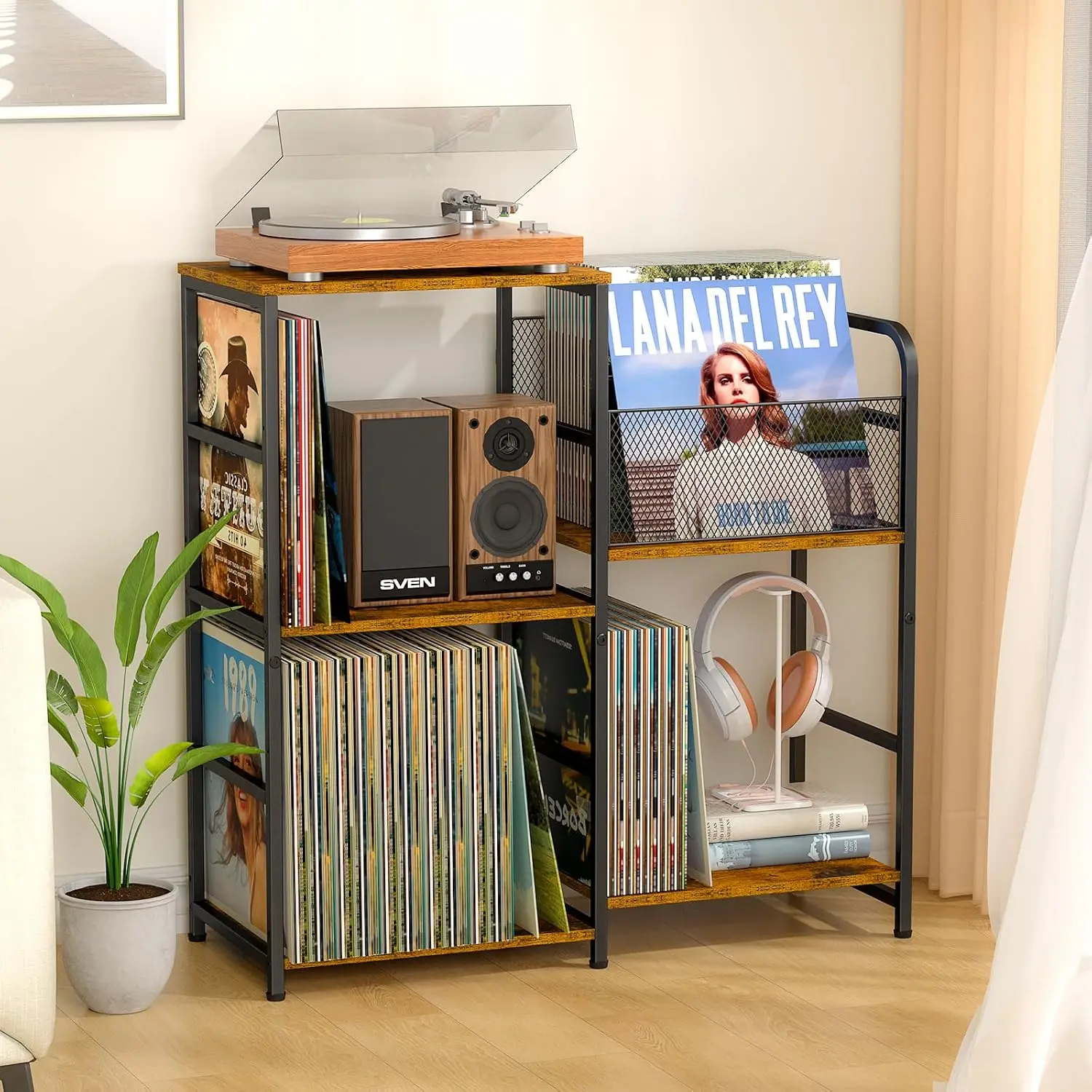 Record Player Stand, Turntable Stand with Vinyl Storage Holds up to 300+ Albums, Storage Cabinet for Vinyl Records, Record Player Table for Living Room