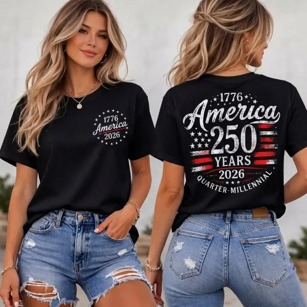 Patriotic Short-Sleeve Round Neck Casual Streetwear T-Shirt, 1776-2026 USA Flag America 250 Years Quarter Millennial Double-Sided Sports Top, Shortsleeve, Tshirt