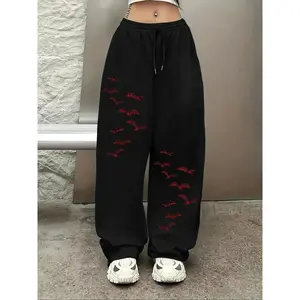 Women's Gothic Red Bat Oversized Sweatpants, Black Streetwear Joggers with Bat Swarm Graphics, Drawstring Casual Pants Dark Subculture & Y2K Style, Perfect Gothic Aesthetic & Streetwear Enthusiasts, Casual Loose Pants