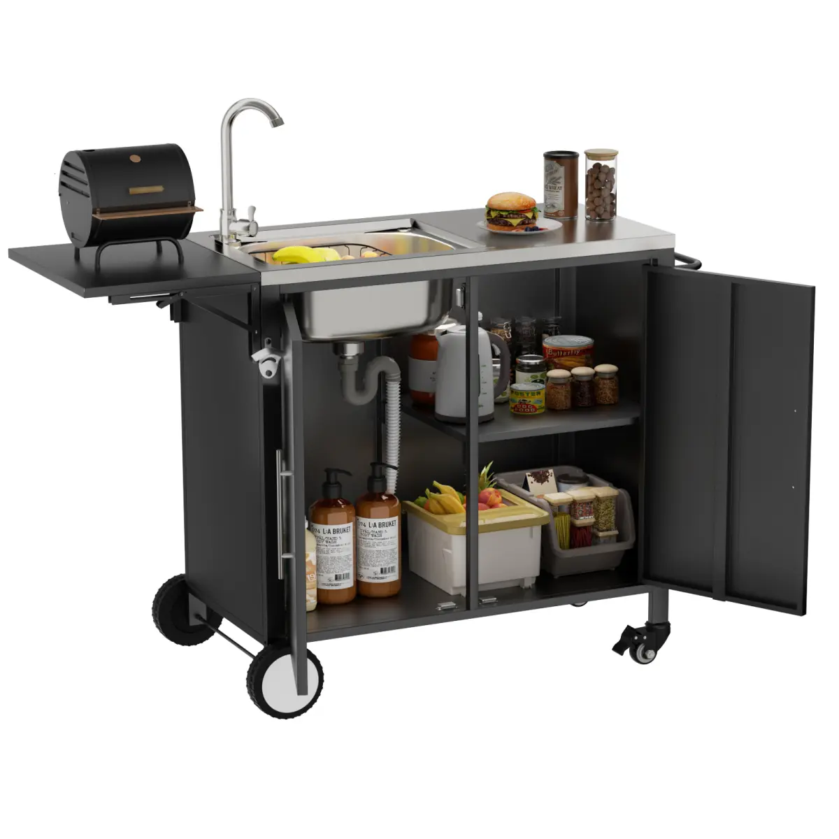 Rectangular Stainless Steel Outdoor Grill Table with Sink, 50.6x18.1" Rolling BBQ Prep Cart with Foldable Shelf, Storage Cabinet, Push Handle, and Wheels for Patios, Foldable Top, Easy Setup