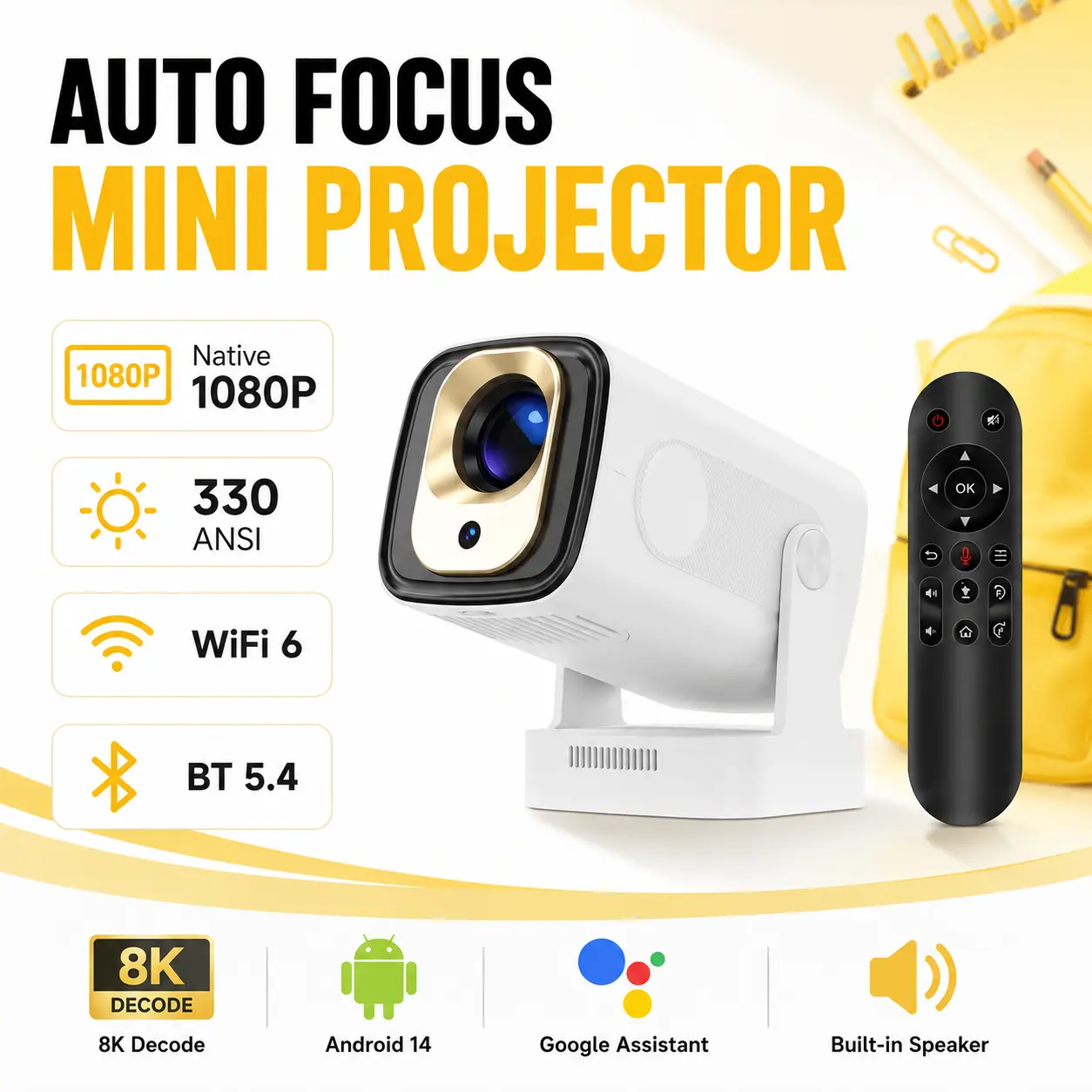 Smart Mini Home Cinema Projector with 8K Video Decode, 330ANSI Brightness, WiFi 6, BT5.4, Auto Focus and Wireless Streaming for Movies, Gaming & Travel