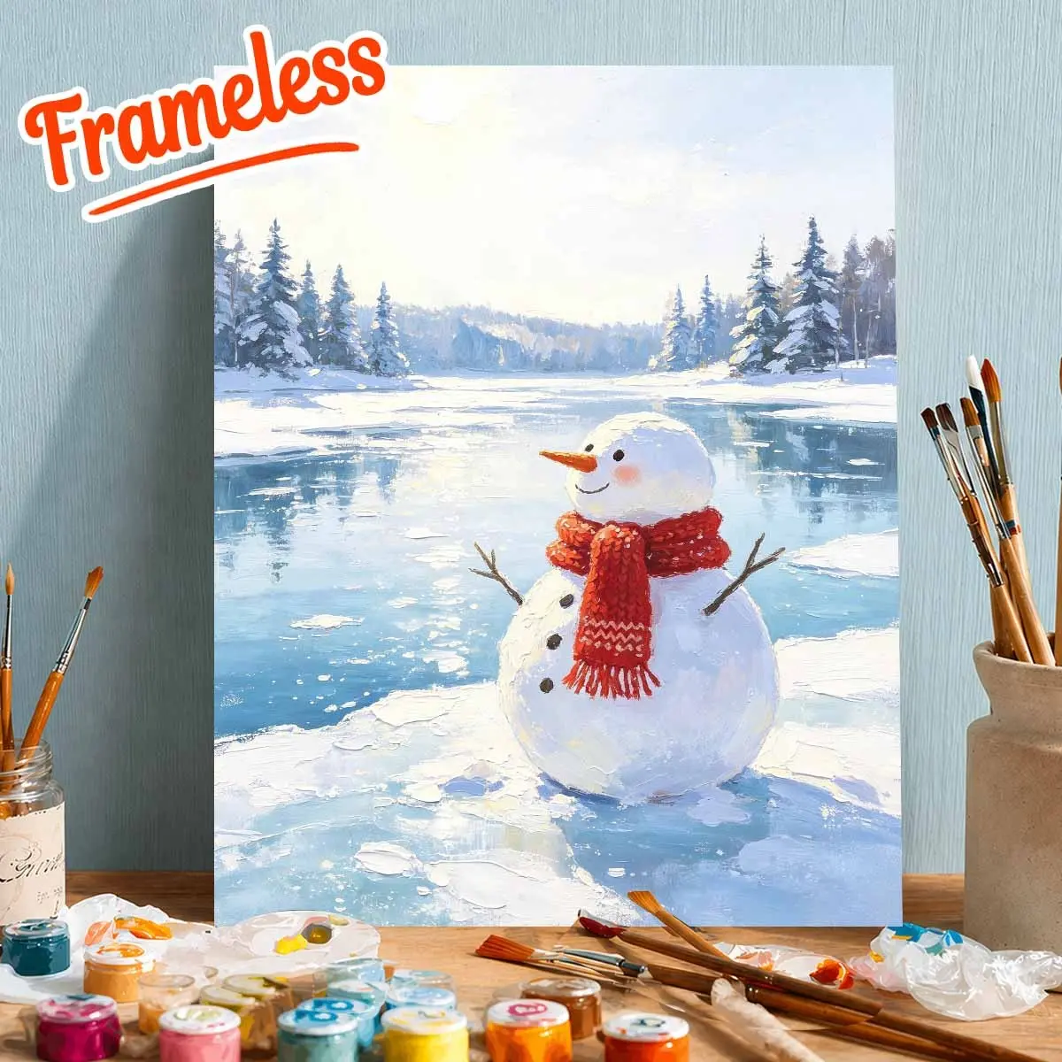 Adult Paint by Numbers Kit, Ice Lake Landscape and Snowman Pattern, Beginner Friendly, Home Decor Art, Stress Relief Craft Painting