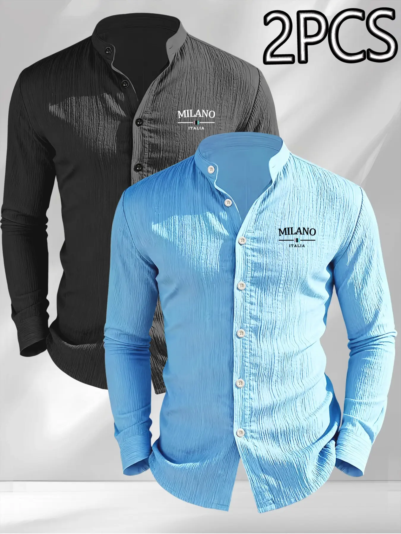 Men's Milano Italian Letter Print Shirt Set, Long Sleeve Fitted Casual Shirts, Breathable Wrinkle Texture, Summer Beach Wear