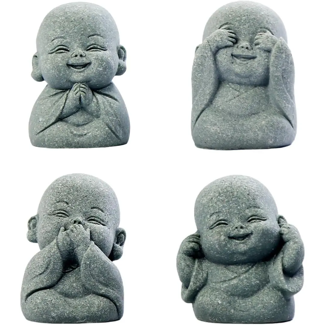 4-in-1 Laughing Buddha Statue Decor Set Small Zen Monk Sandstone Buddha Sculpture Feng Shui Ornaments for Outdoor Gardens & Indoor Meditation Rooms, Landscape Decor Fish  Aquarium Decoration