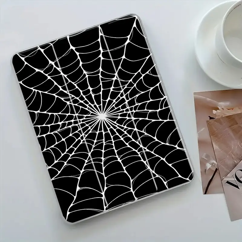 Gothic Spider Web Art 3-Tiered Stand iPad Case, Transparent Acrylic Hard Back with Pencil Slot, Scratch-Resistant Ultra-Thin Full Cover, Shock-Resistant for All iPad Models, Suitable for Offices & Homes
