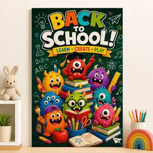 "Back to School Monster Crew" Canvas Wall Art, Playful "Learn Create Play" Kids Print, Aesthetic Classroom Bedroom Decor, Whimsical Educational Modern Statement Poster Gift,wall decor,poster.