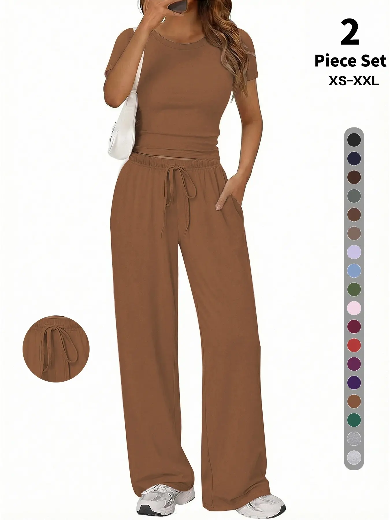 Women's 2-Piece/6-Piece Set Round Neck Short Sleeve Top and Wide Leg Adjustable Drawstring Pants, Casual Fitted with Pockets, Yoga and Home Wear