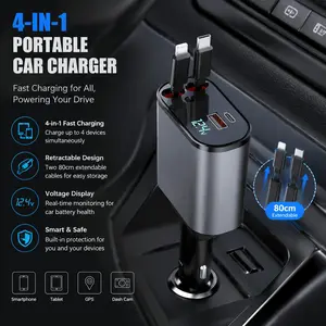 Smart Telescoping Car Cigarette Lighter Charger Dual Type-C PD Fast Charging 4-Port USB Hub with Over-Voltage Protection Universal Fit for Cars Trucks SUVs Retractable Mount Multi-Device Safe Fast Charger Accessory