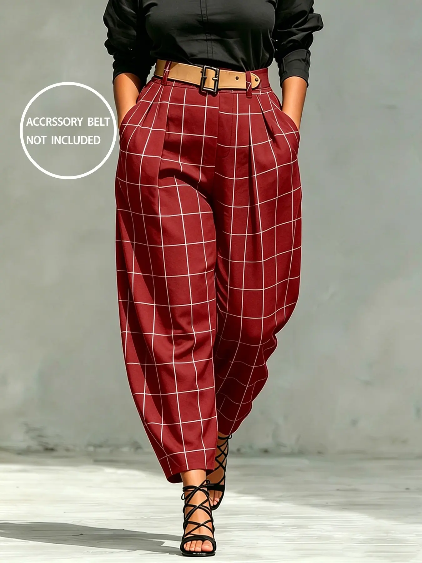 Plus Size Women's Pants Summer Fall Casual Loose Straight Leg Long Pants with Pockets, No Belt, Plaid Pattern, Unlined