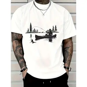 funny graphic tee,summer graphic tees,tee,Canoe Fishing Man Lake Pine Tree Loon Bird Graphic T-Shirt, Wilderness Outdoor Nature Tee, White Casual Cotton Top, Fisherman Camping Apparel